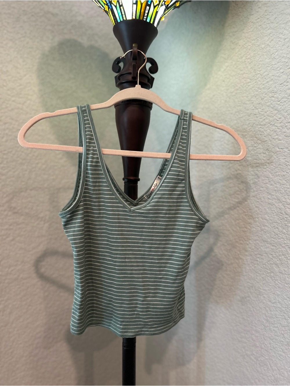 Striped Ribbed V-Neck Tank Top - Sage Green